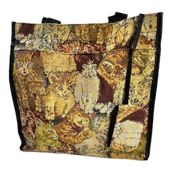 Vintage Large Tapestry Cat Print Tote Bag With Zipper & Handles Shopping Bag - Picture 4 of 10